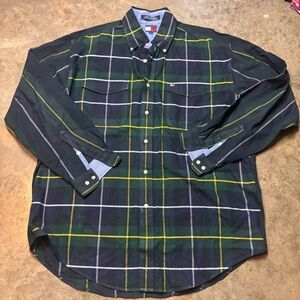 Tommy Hilfiger Plaid Button Down Rugged Plaid Vintage Blue Green Mens Large